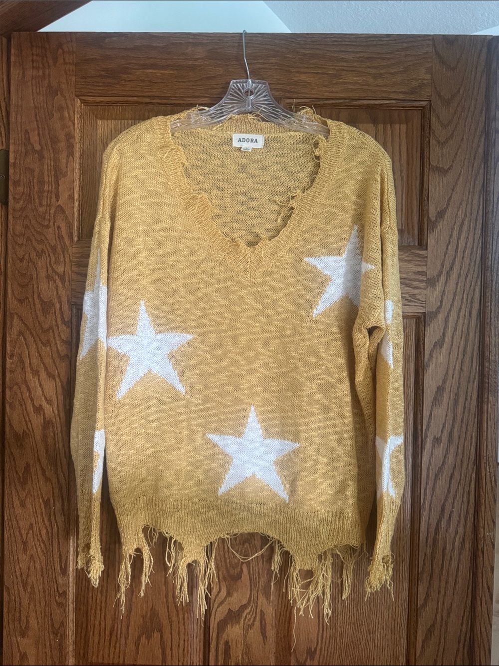 ADORA Mustard Yellow Star V-Neck Distressed Sweater